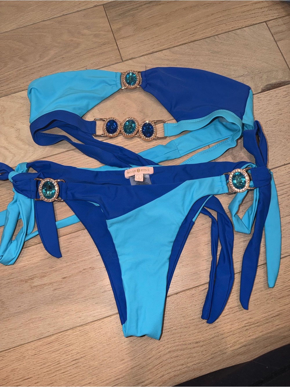 ModaMinx Two-Tone Light Blue and Royal Blue Bikini with Gem Accents size small